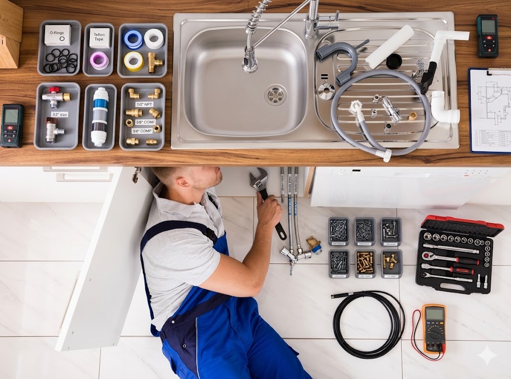 "fontanero en reparación de baño solucionando fuga de agua en tuberías bajo lavabo mantenimiento instalación y arreglo de fontanería en vivienda"
